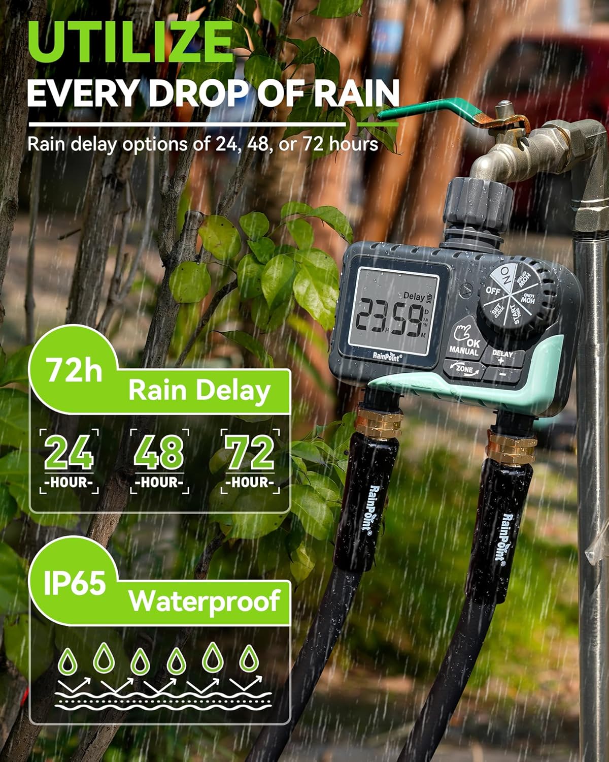 RAINPOINT Water Timer for Garden Hose - 2-Zone Sprinkler System with Rain Delay & Automatic Irrigation