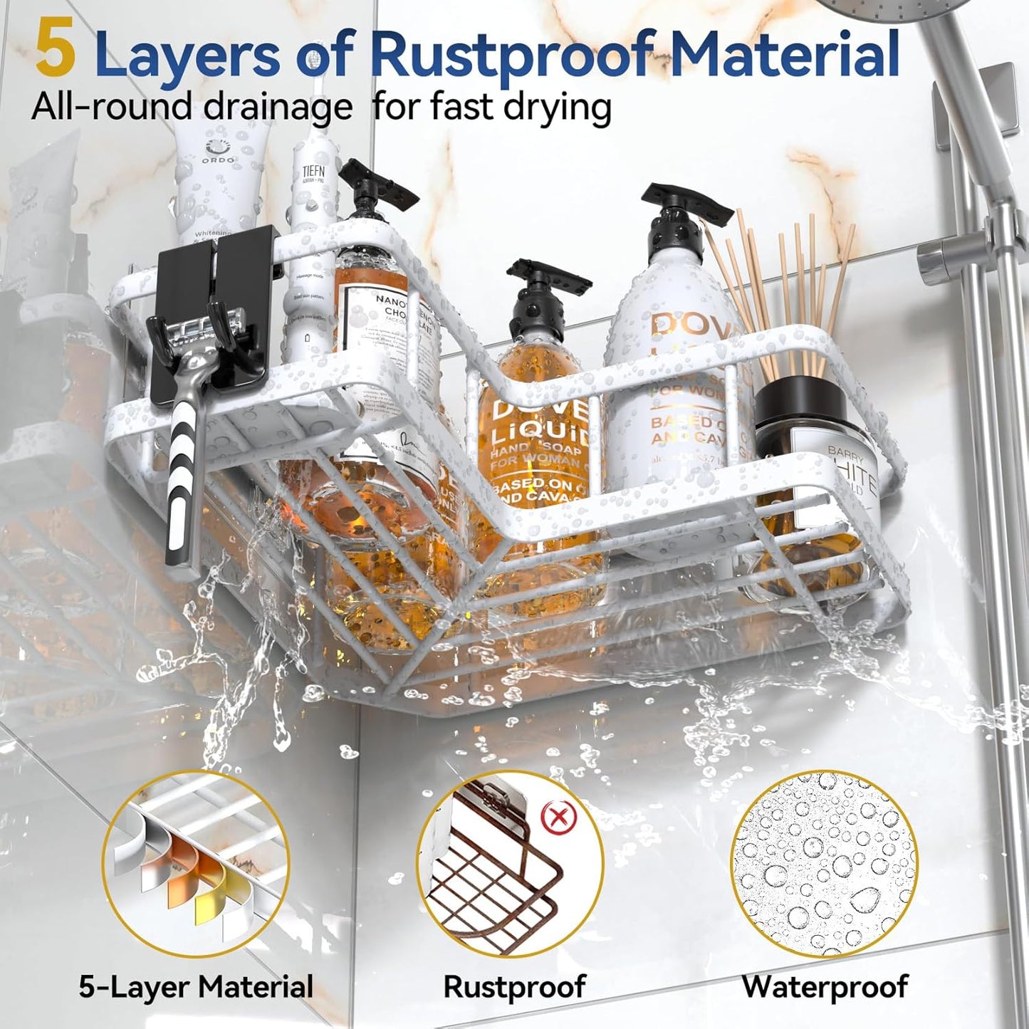YASONIC Corner Shower Caddy - 5-Pack Rustproof Stainless Steel Organizer with Soap Holder | No-Drill, White