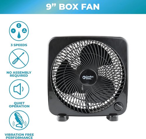 Comfort Zone 9-Inch Portable Box Fan - Quiet 3-Speed Desktop Cooling Fan with Carry Handle - Black
