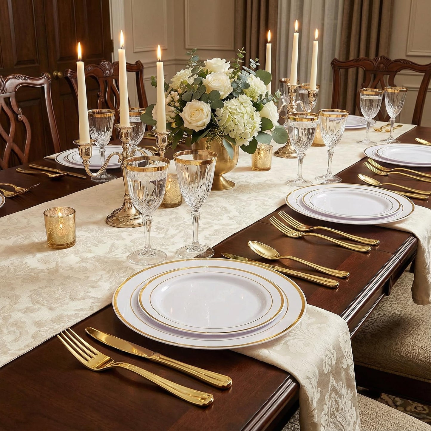 Supernal 400pcs Gold Glitter Plastic Dinnerware, Disposable Plates for Party Include 50 Gold Plastic Plate, 50pcs Dessert Plate 100 Glitter Forks, 50 Disposable Knives and Spoons, 50Cups and Napkins