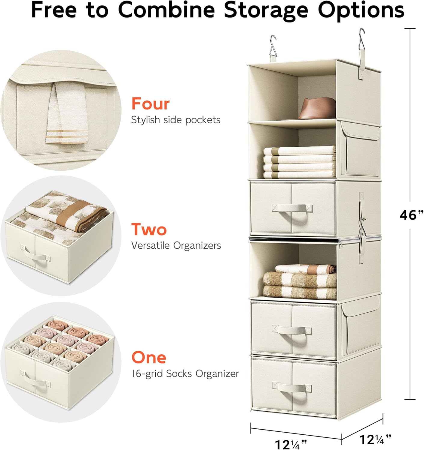 Vailando 6-Shelf Hanging Closet Organizer - 3 Drawers & 2 Separable Units | Beige Wardrobe Storage Solution