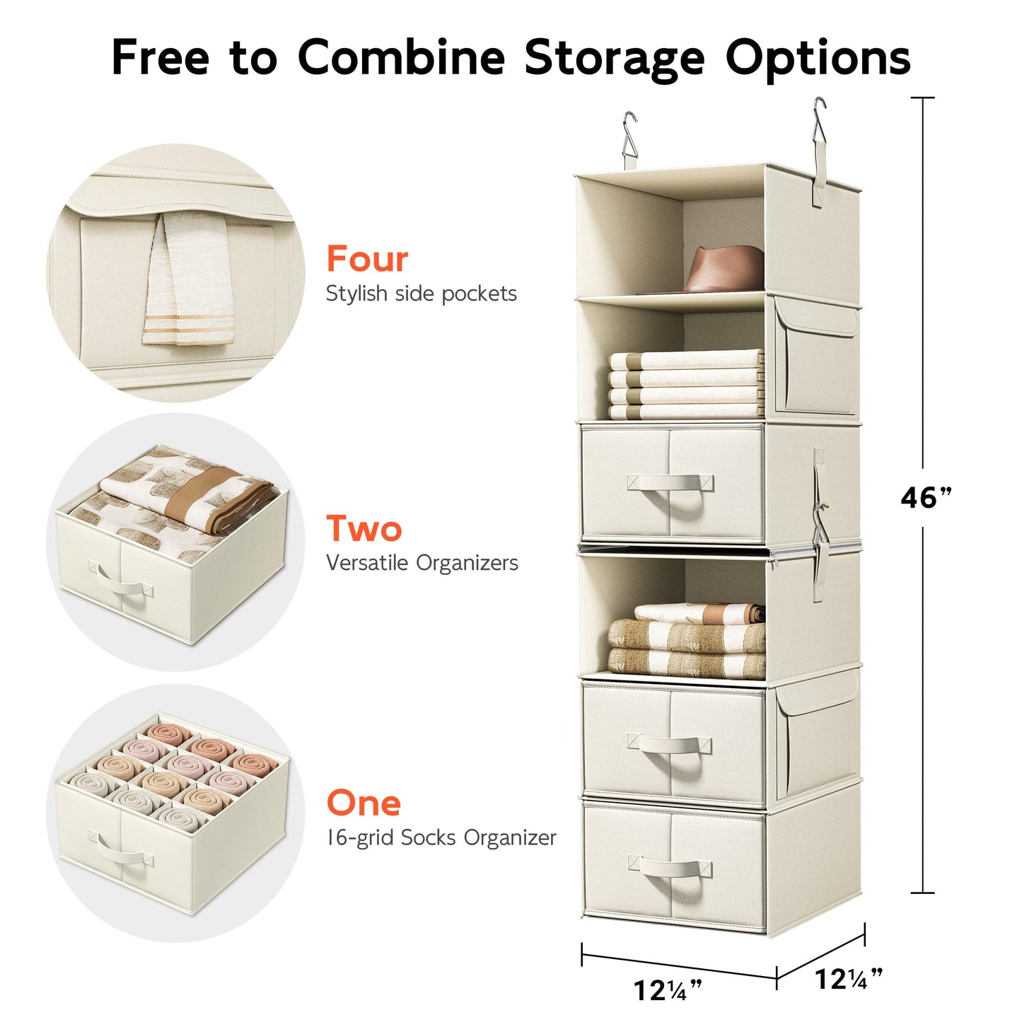 Vailando 6-Shelf Hanging Closet Organizer with 3 Drawers, 2 Separable 3-Shelf Closet Organizers and Storage for Wardrobe Organization, Hanging Dresser for Nursury & Dorm Clothes Organizer, Beige