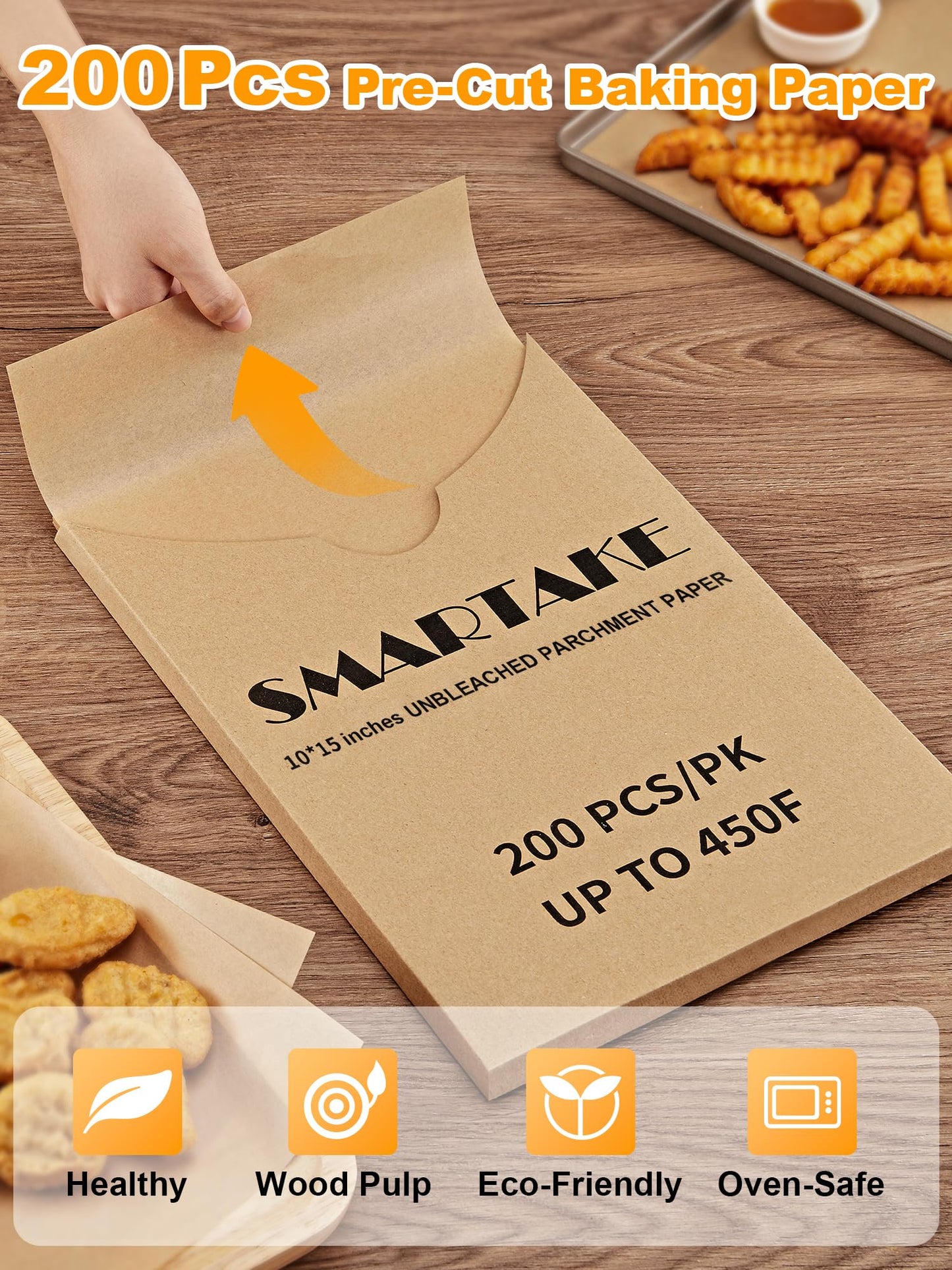 SMARTAKE 200 Pcs Parchment Paper Baking Sheets, 10x15 Inches Non-Stick Precut Baking Parchment, for Baking Grilling Steaming Bread Cup Cake Cookie and More (Unbleached)