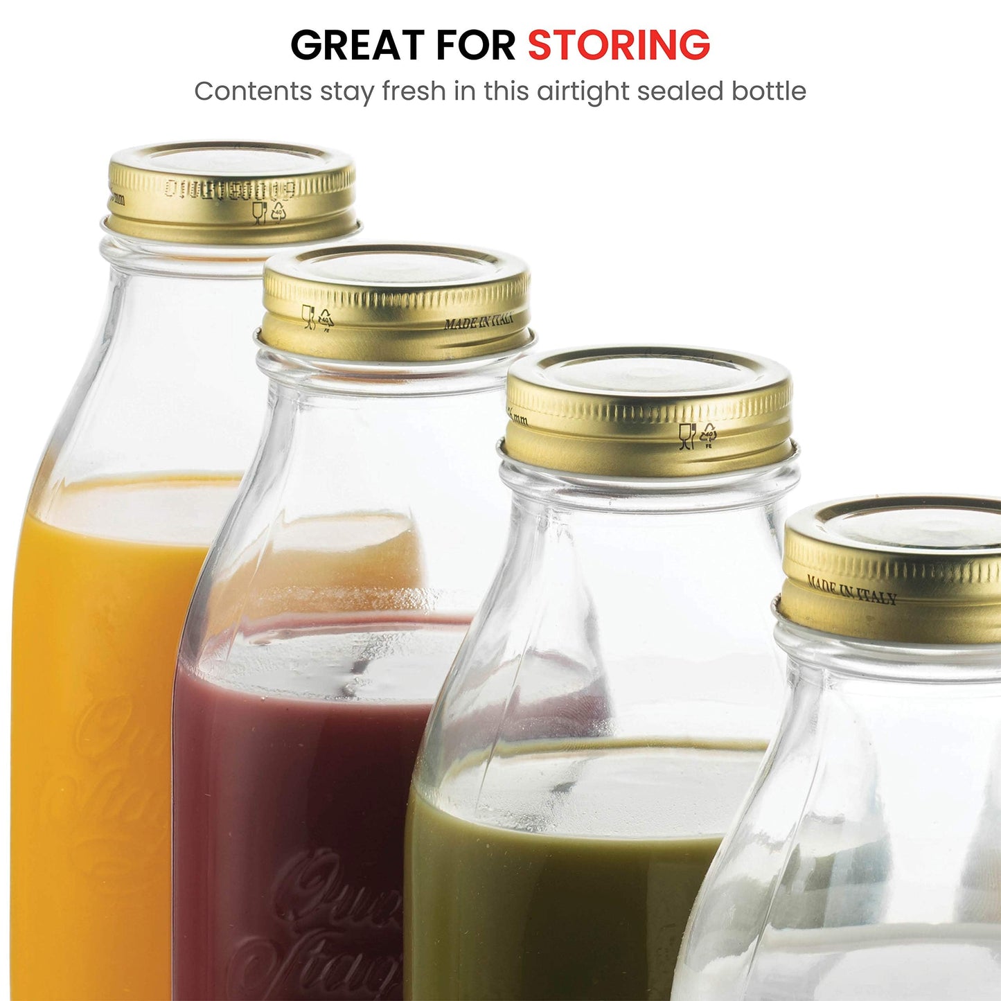 Bormioli Rocco Quattro Stagioni Glass Milk Bottle 33.75 Ounce/1 Liter with Airtight Lid, Great For Kombucha Brewing Bottle, Beer, Homemade Juicing, Smoothies, Beverages, Durable Construction. (6 Pack)