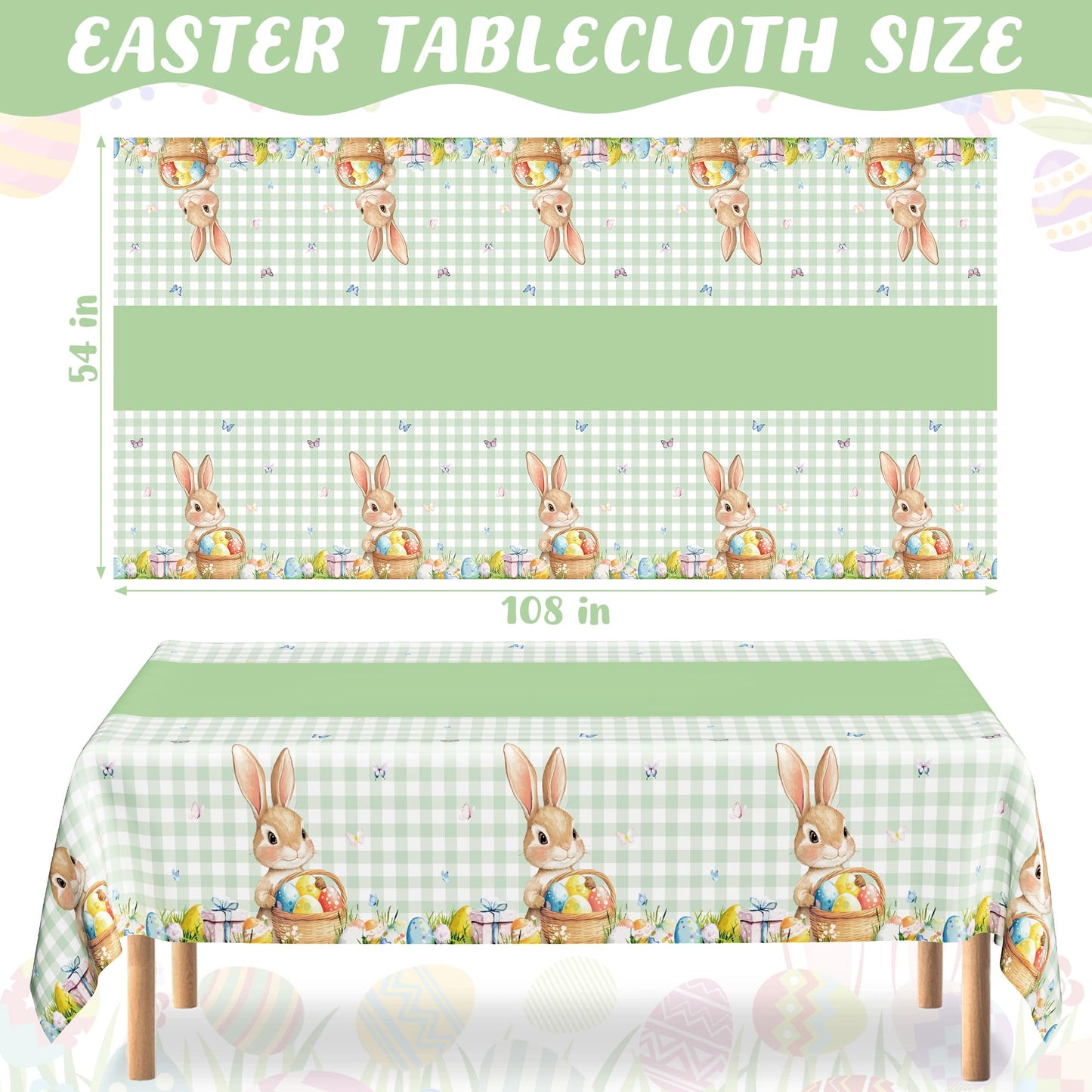 QZYL 3 Pack Easter Tablecloths, 54" x 108" Disposable Easter Decorations, Sage Green Bunny Plaid Spring Tablecloth, Rectangle Plastic Easter Table Cloth with Easter Party Decorations Supplies Favors
