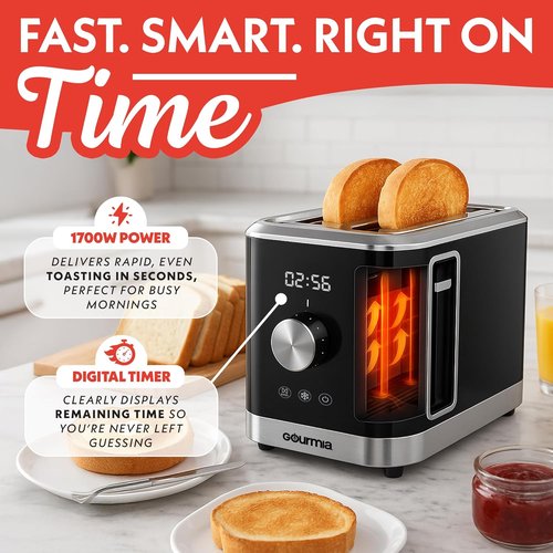 Gourmia 2 Slice Toaster - 6 Browning Levels, Bagel & Defrost Modes, Compact Black Design
