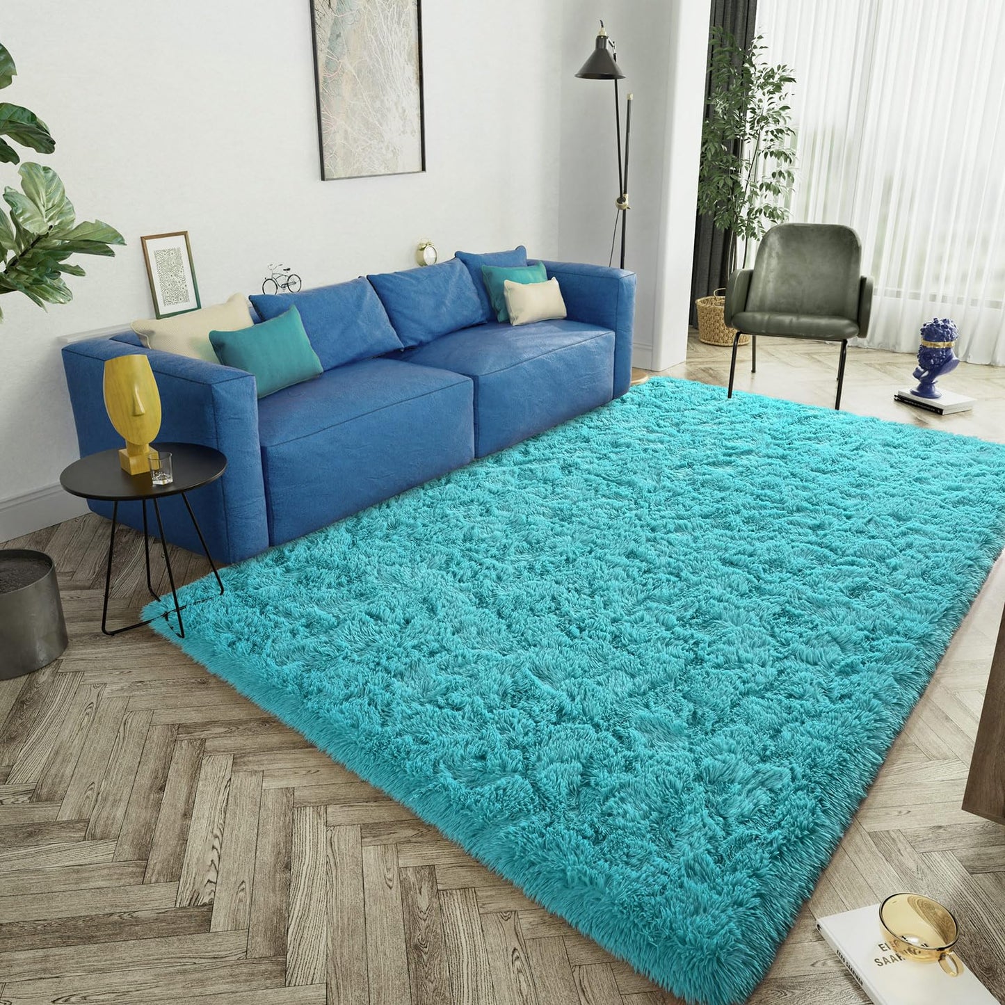 LOCHAS Ultra Soft Indoor Modern Area Rugs Fluffy Living Room Carpets for Children Bedroom Home Decor Nursery Rug 5.3x7.5 Feet, Teal Blue