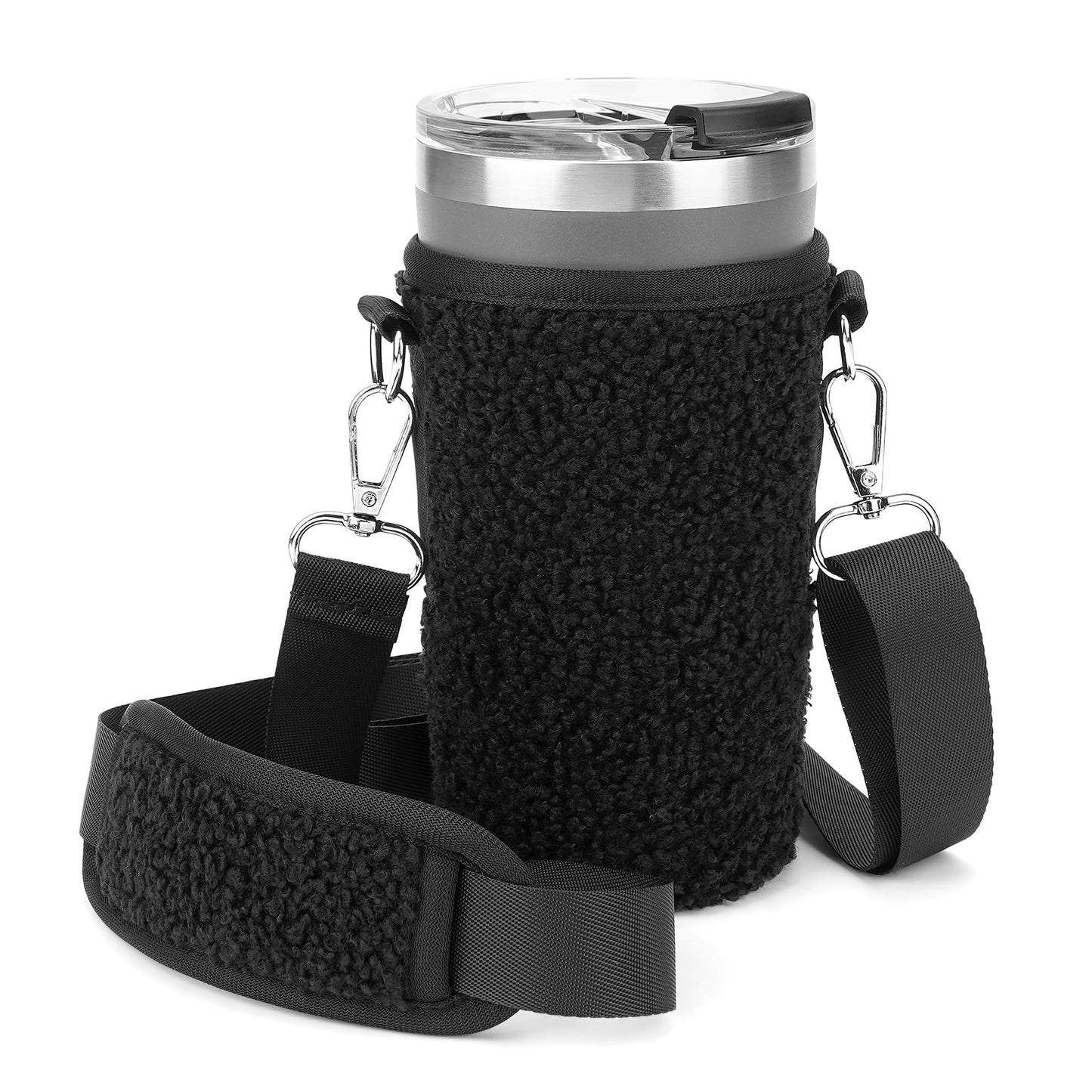 Linkidea Tumbler Carrier with Strap Compatible with Iron °Flask Grip Coffee Mug 16oz, Polar Fleece Mug Sling Bag Holder with Shoulder Strap (Black)