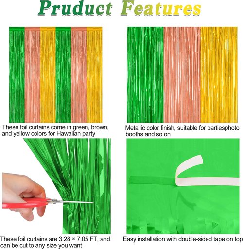 Hawaiian Party Decorations - 4 Pack Tinsel Backdrop | 3.28 FT x 7.05 FT Green, Brown, Yellow Foil Curtains