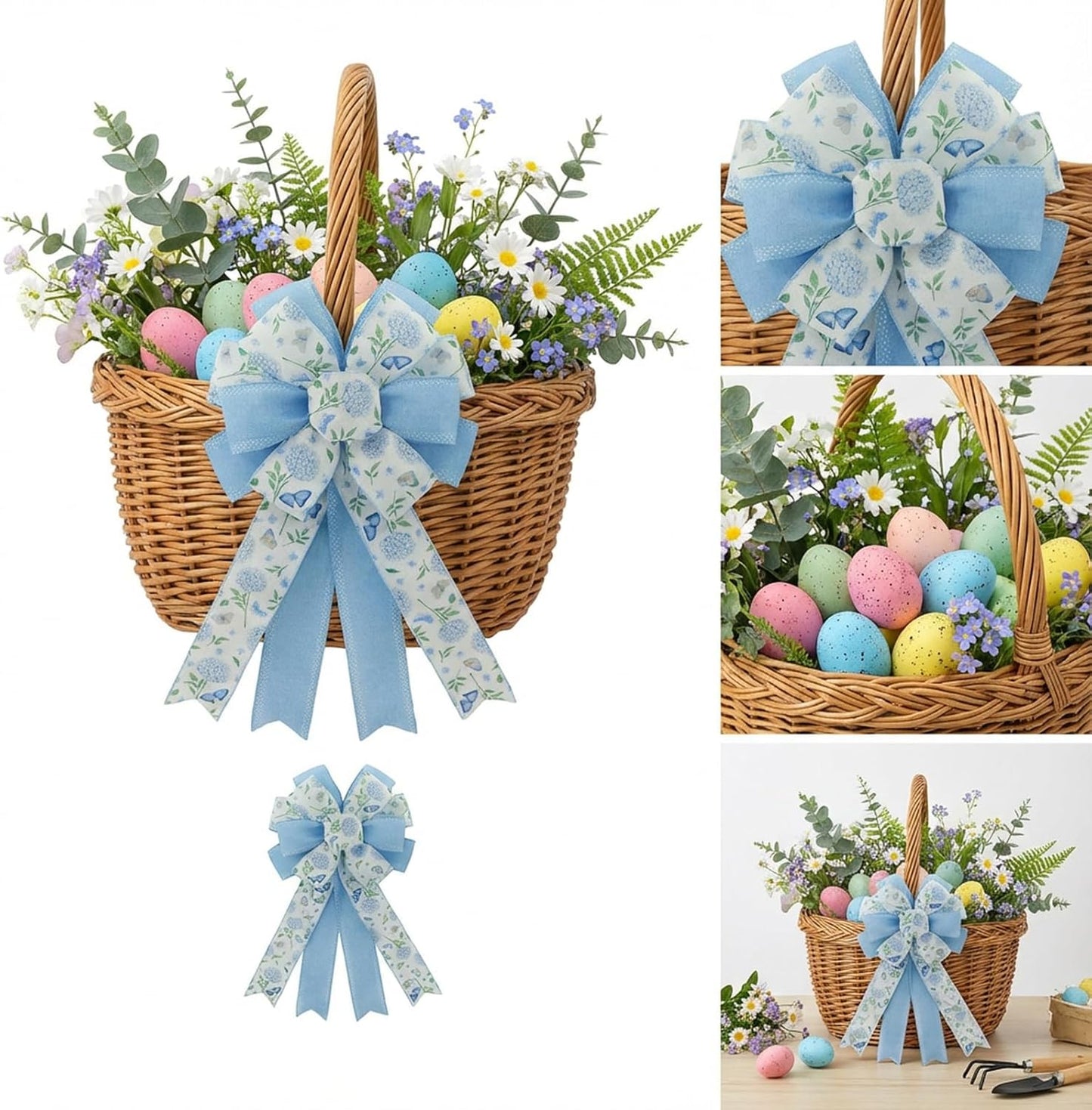 Skiennix 20.87 Inch Large Spring Bow - Blue Hydrangea & Butterfly Burlap Ribbon for Easter Decor | Indoor/Outdoor Use