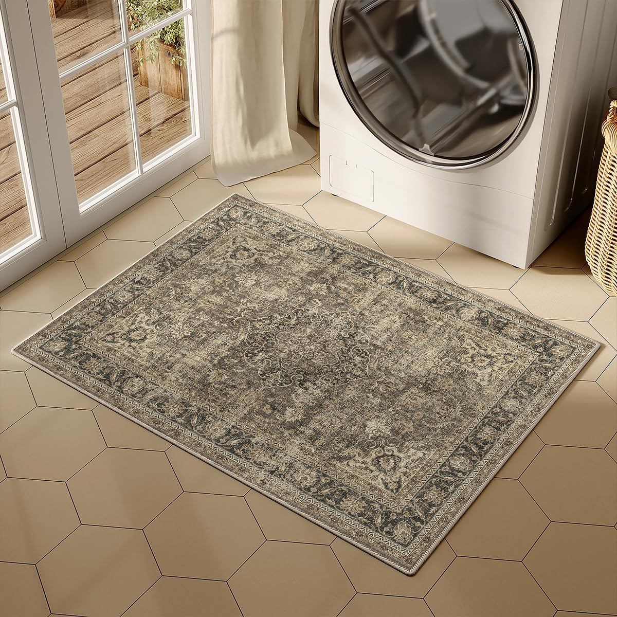 Skiennix 2x3 Washable Area Rug - Vintage Brown Non-Slip Soft Low Pile for Entryway & Kitchen