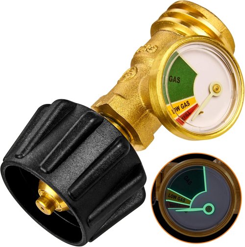 Flame King Propane Tank Gauge - Color-Coded Gas Pressure Meter | Glows in The Dark, Solid Brass (2-Pack)