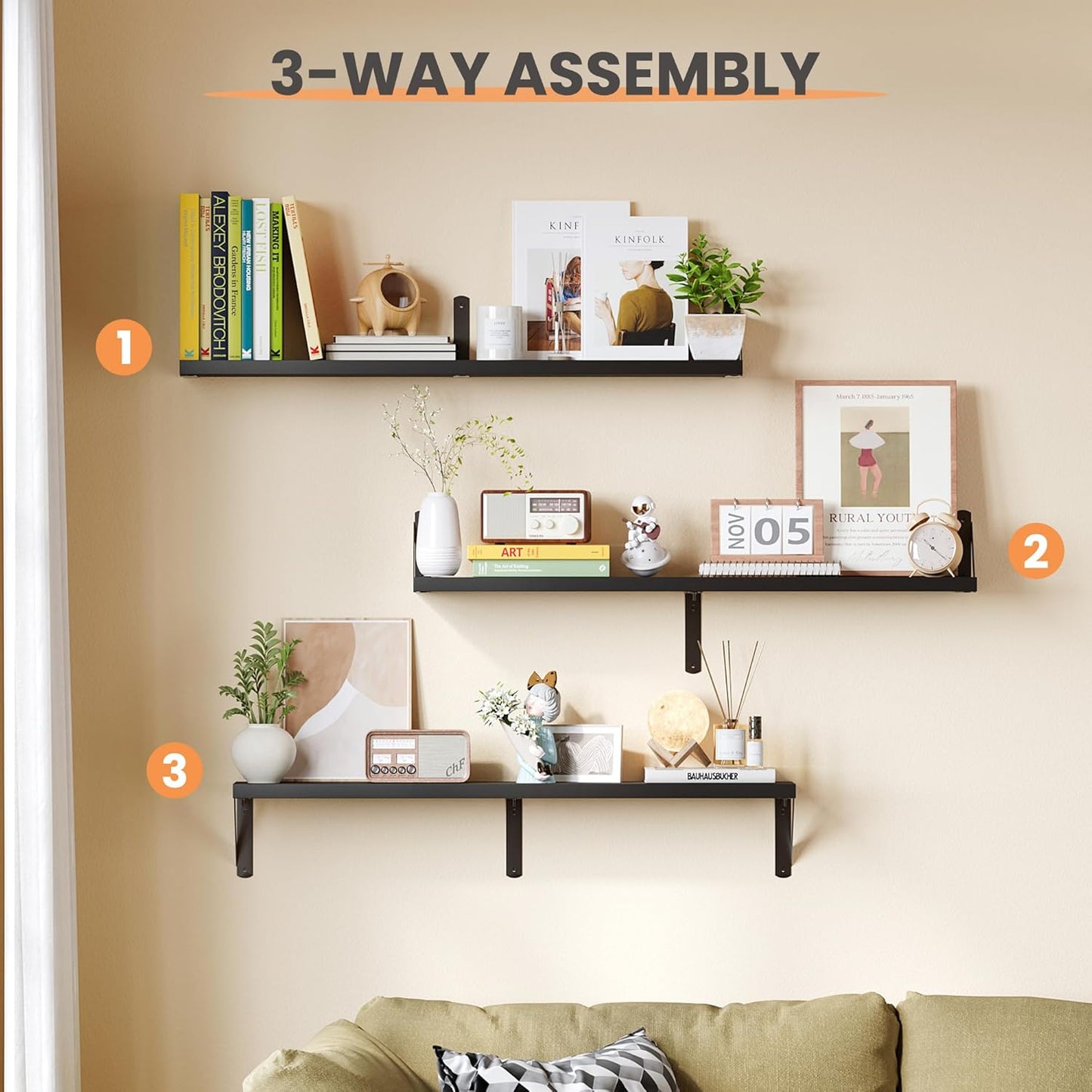 Upsimples Floating Book Shelves - 35.4 Inches Long Wall Storage for Living Room, Library, Office | Black Wood