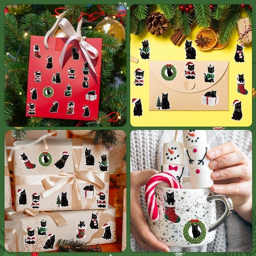 BkeeCten Christmas Black Cat Stickers - 600 Pcs Christmas Black Cat Waterproof Vinyl Reusable Laptop Stickers Coloring Book Scrapbook Water Bottle Page Activity Pad Party Favors Skateboard Giftwrap
