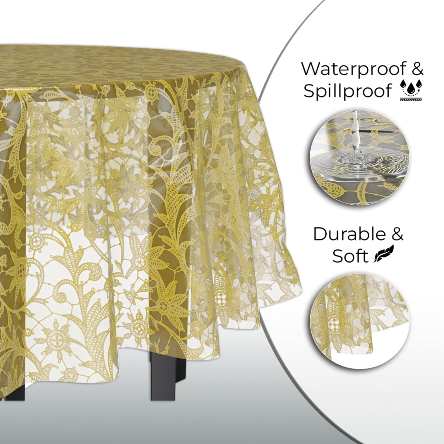 Exquisite Lace Table Cloth Round Table Plastic 12-Pack Lace Tablecloth 84 | Clear & Gold Floral Tablecloth Disposable | Wild Flower Party Decorations & Party Supplies