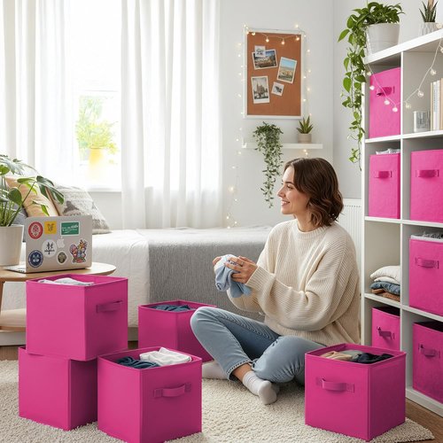 Granny Says 11-Inch Cube Storage Bins - Fabric Organizer for Kids' Rooms | Rose Red, 6-Pack
