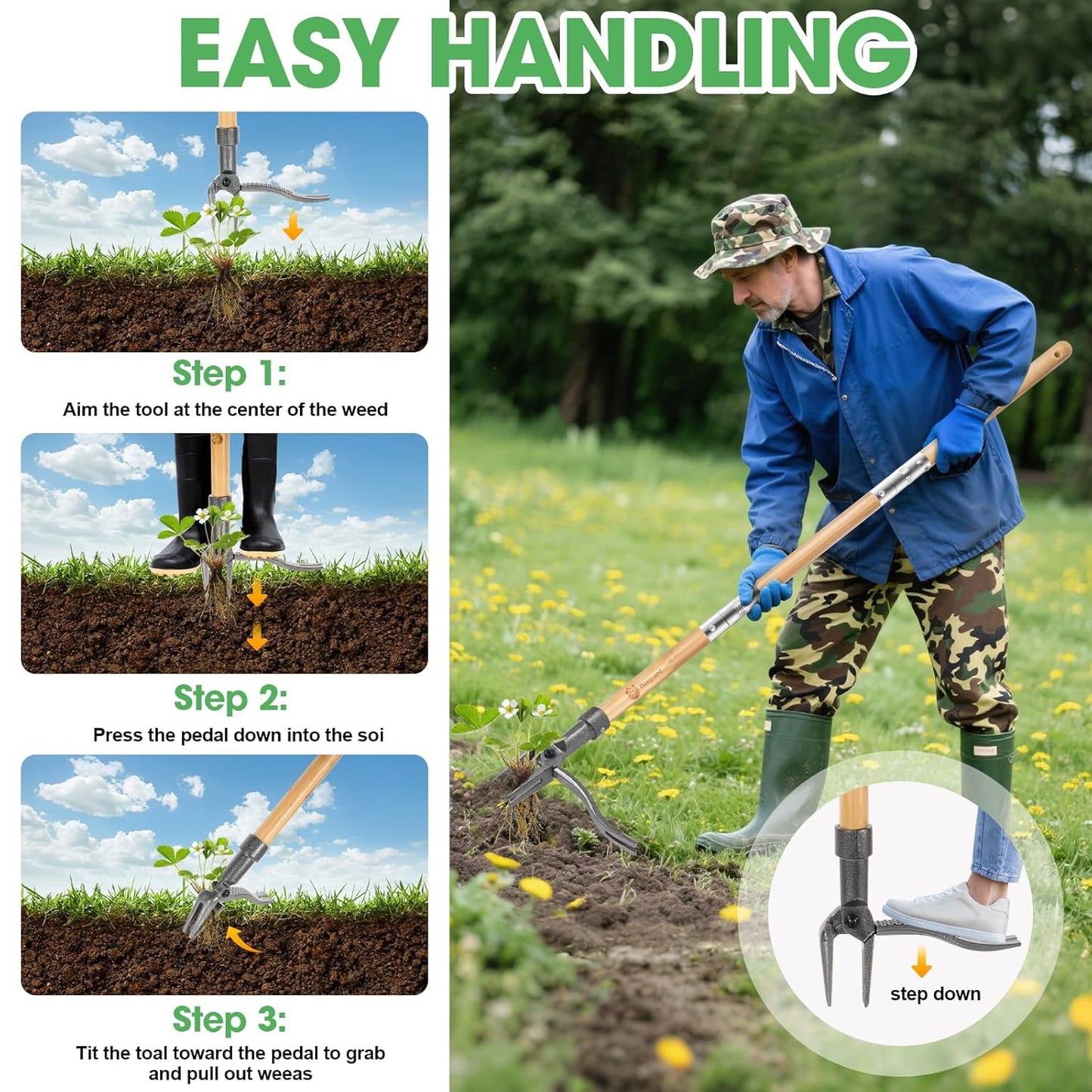 Stand Up Weed Puller by [Brand Name] - Adjustable 44-31.5" Bamboo Handle with Heavy-Duty 4-Claw Steel Head | No Bending Required for Effortless Weeding