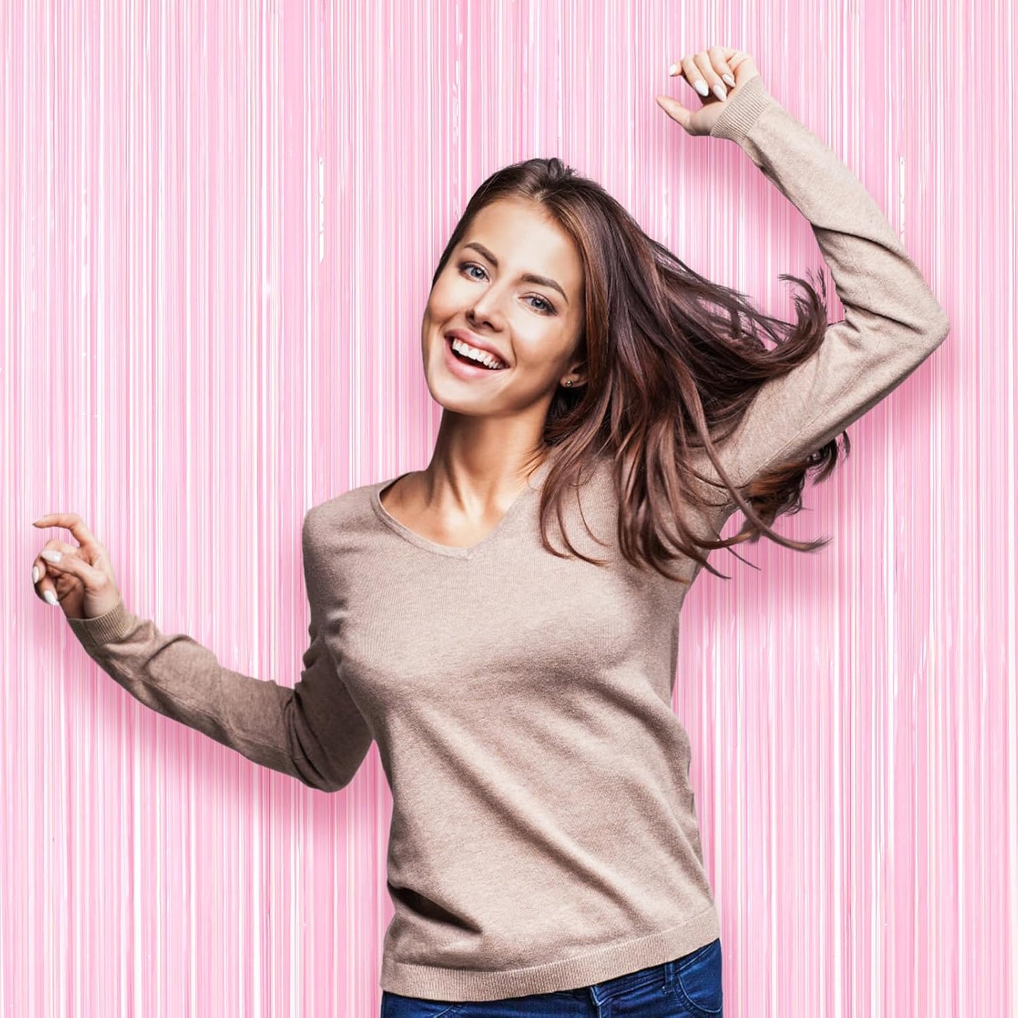 Voircoloria Foil Fringe Backdrop Curtains - 3 Pack of 3.3 x 8.2 ft Pasel Pink Tinsel Streamers for Parties