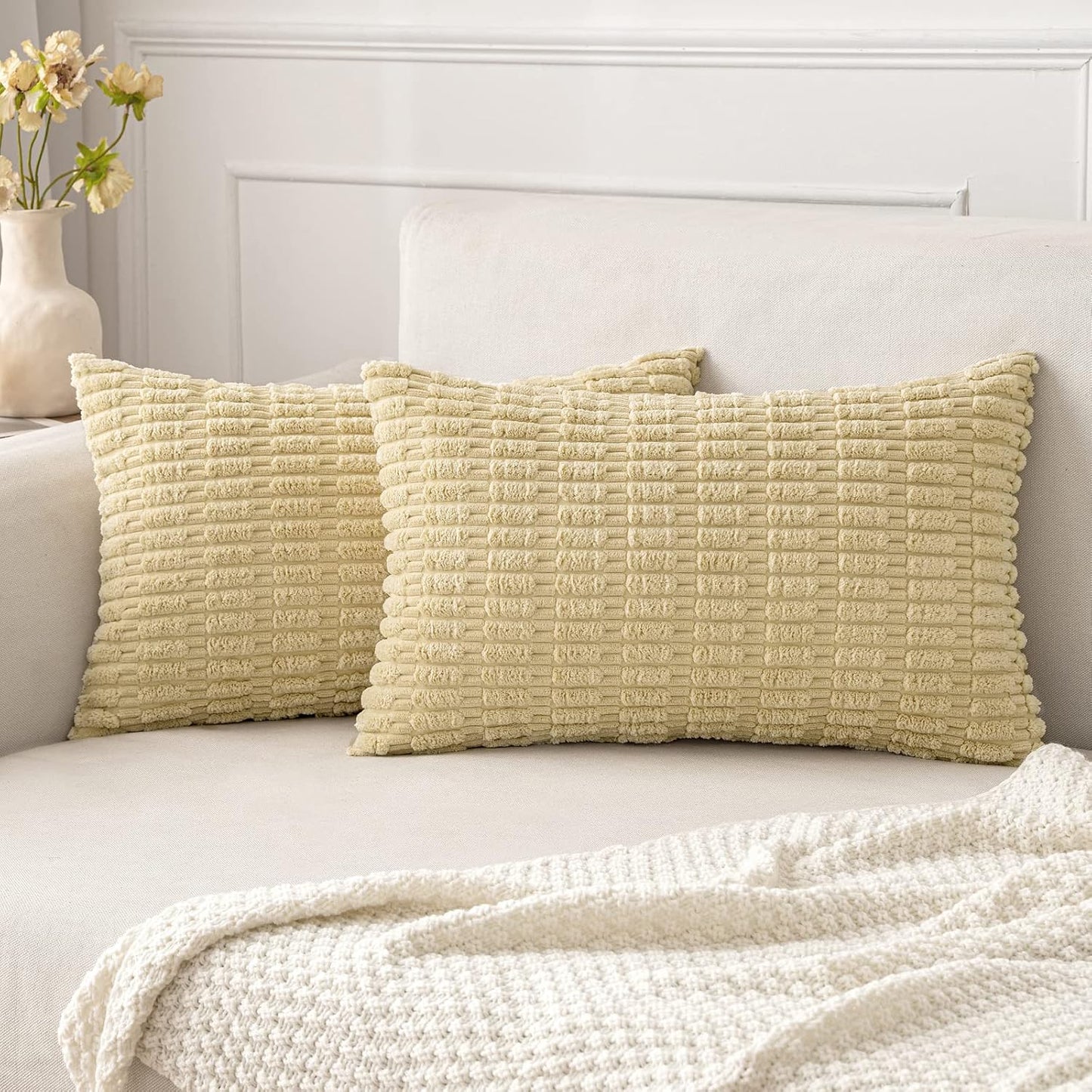 MIULEE Corduroy Lumbar Throw Pillow Covers - Soft Boho Striped Design, 20x12 Inch, Beige | Modern Farmhouse Decor