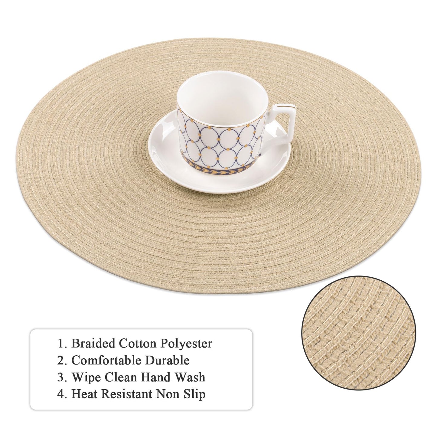 SHACOS 15 inch Round Braided Placemats Set of 4 Cotton Polyester Place Mats Washable Kitchen Dining Table Mats for Dinner Party Table Decor (Light Beige, 4)