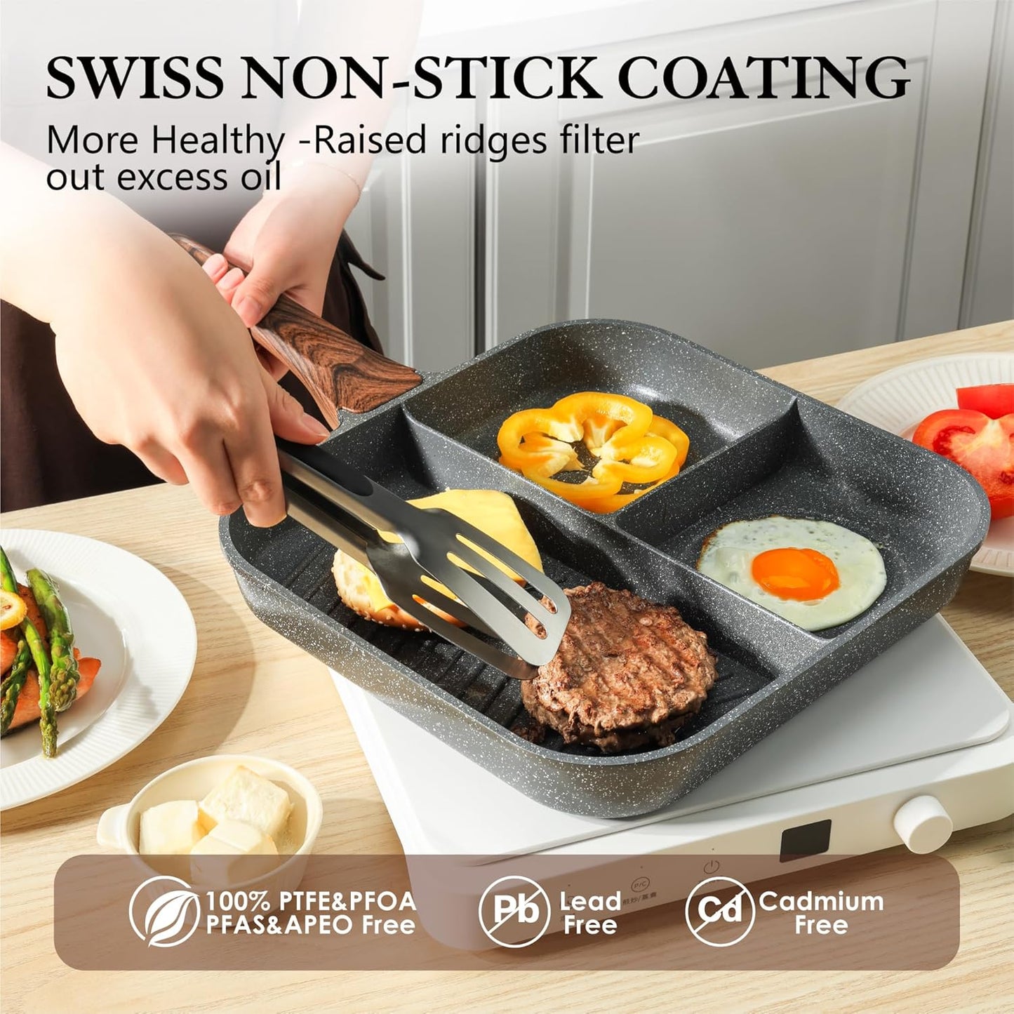 Sensarte Nonstick 11-Inch Square Grill Pan - Versatile 3-Section Breakfast Skillet | Induction & Gas Compatible