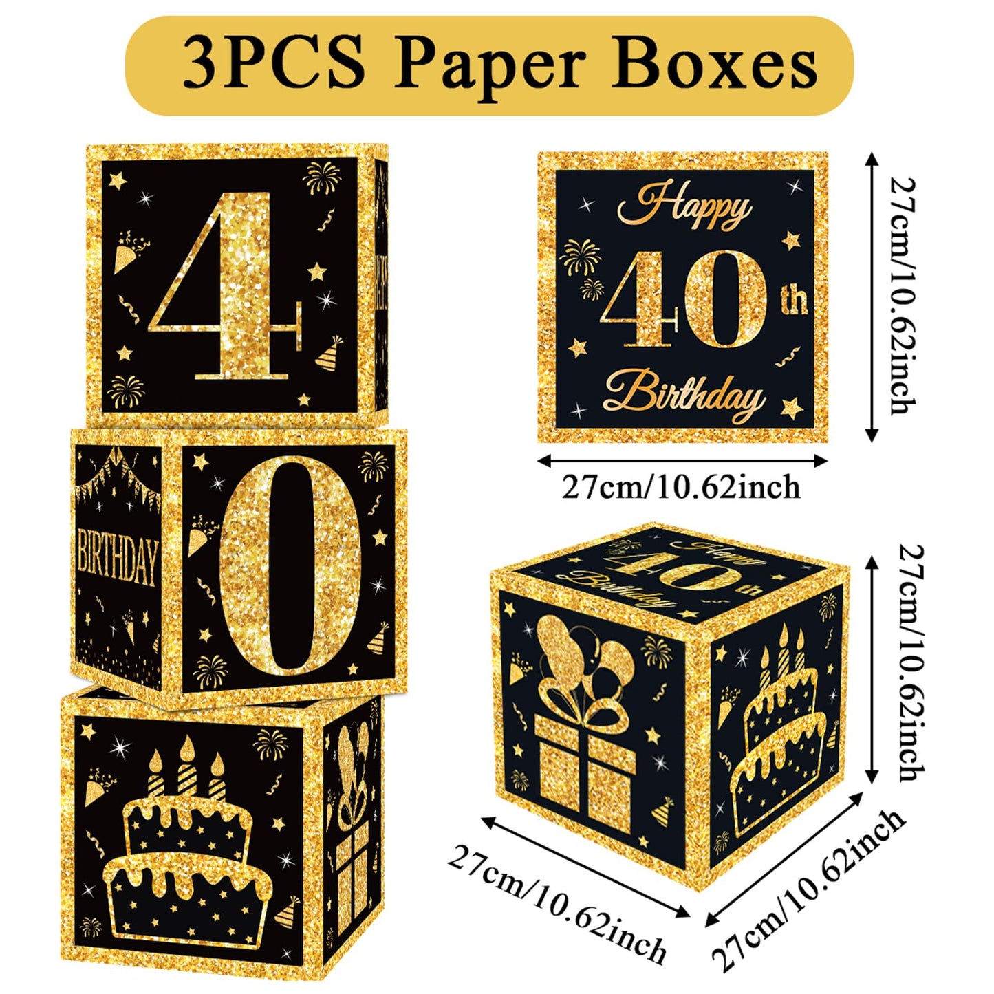 40th Birthday Decorations Boxes for Men- 3PCS Black Gold Happy 40th Birthday Balloons Boxes, 40 Year Old Party Supplies for Men Women