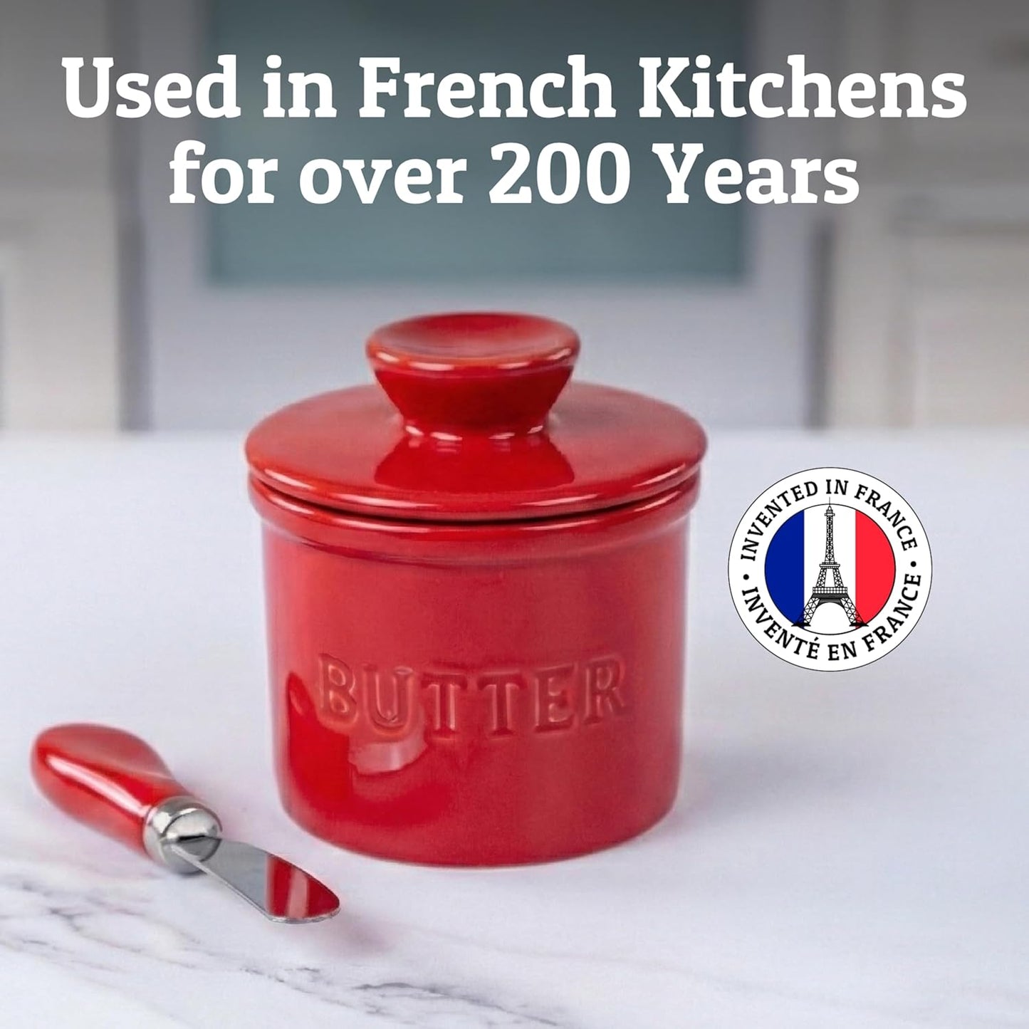 PriorityChef Butter Crock - Ceramic French Butter Dish with Lid & Water Line | Red Color