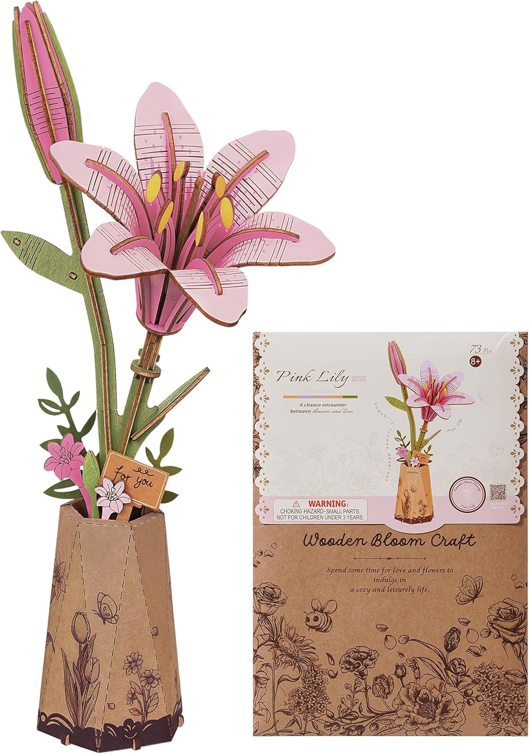 Skiennix 3D Flower Wooden Puzzle - Pink Lily DIY Model Kit for Adults | Creative Gift for Mother's Day (73PCS)