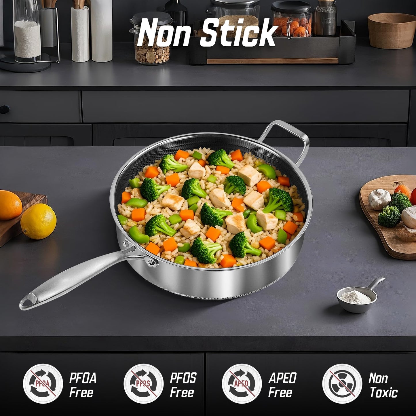 Toutrop Frying Pans Nonstick wih Lid, Non Stick Tri-Ply Stainless Steel Saute Pan, 8 Quarts Large Sauté Pan, 13.5 Inch Induction Cooking Pan, Dishwasher and Oven Safe, PFOA Free