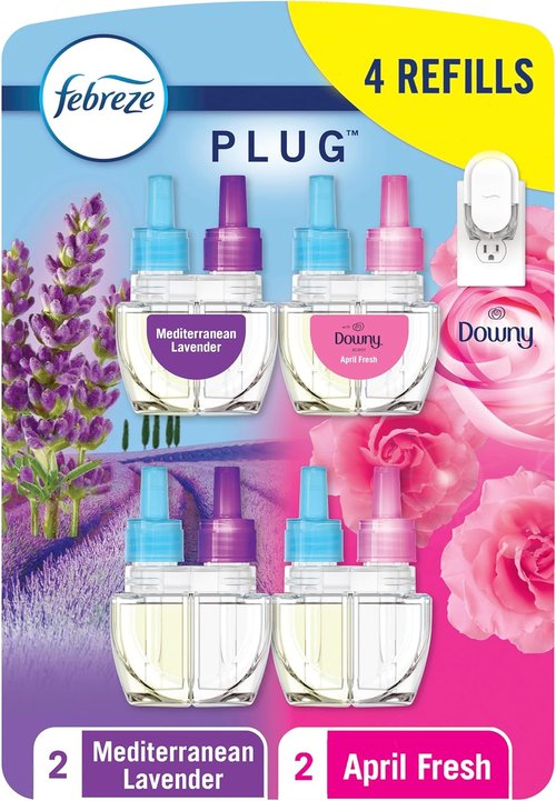 Febreze Odor-Fighting PLUG Air Freshener Refills - Downy April Fresh & Mediterranean Lavender, 4 Pack (0.87 fl. oz. Each)