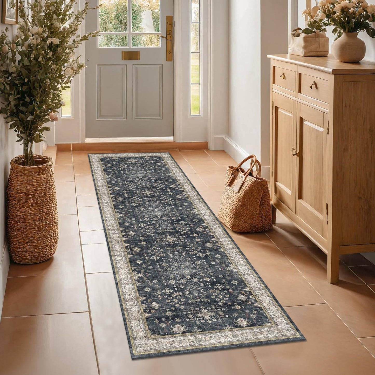 Regine Switzerland Black 2x7 Long Runner Rug - Non-Slip, Washable, Boho Vintage Floral Design