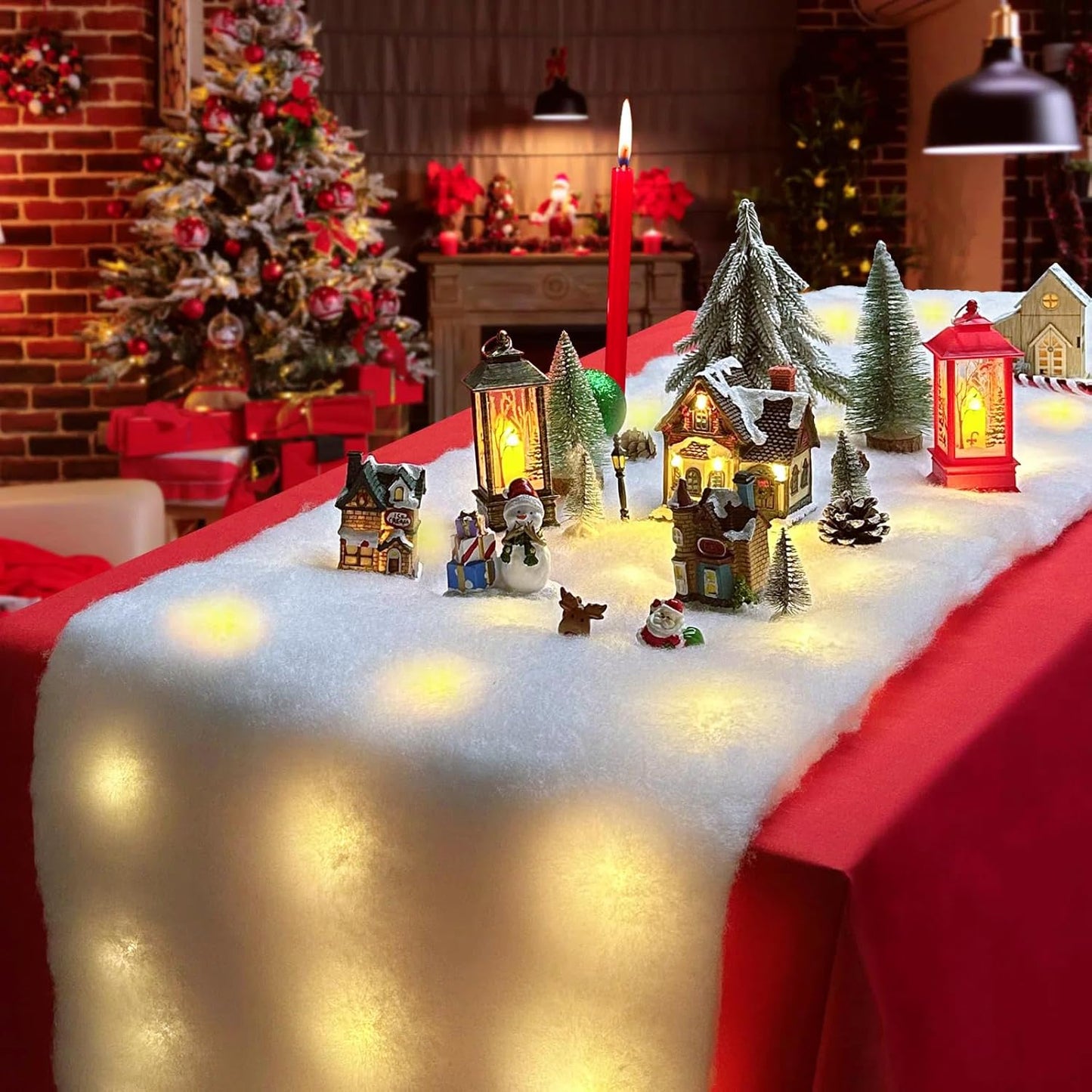 Skiennix Christmas Snow Blanket - 1.3x5.25 Ft Faux Snow Roll with 50 LED Lights for Winter Displays