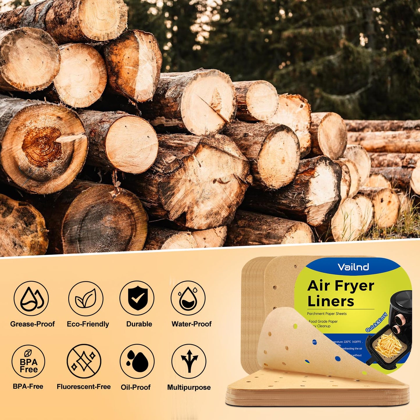 Vailnd Air Fryer Liners Disposable, 100pcs 8.5In Square Parchment Paper Sheets Unbleached, Perforated Food Steamer Liner for 5-8 Qt Air Fryers Baking Cooking Oven