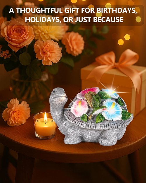 GoGnome Solar Turtle Figurine Lights - 5.5-Inch Garden Statue with Hummingbird Flower | Perfect Outdoor Yard Decor