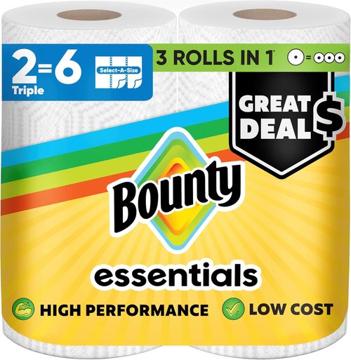 Bounty Essentials Select-A-Size Paper Towels - White, 2 Triple Rolls (Equivalent to 6 Regular Rolls)
