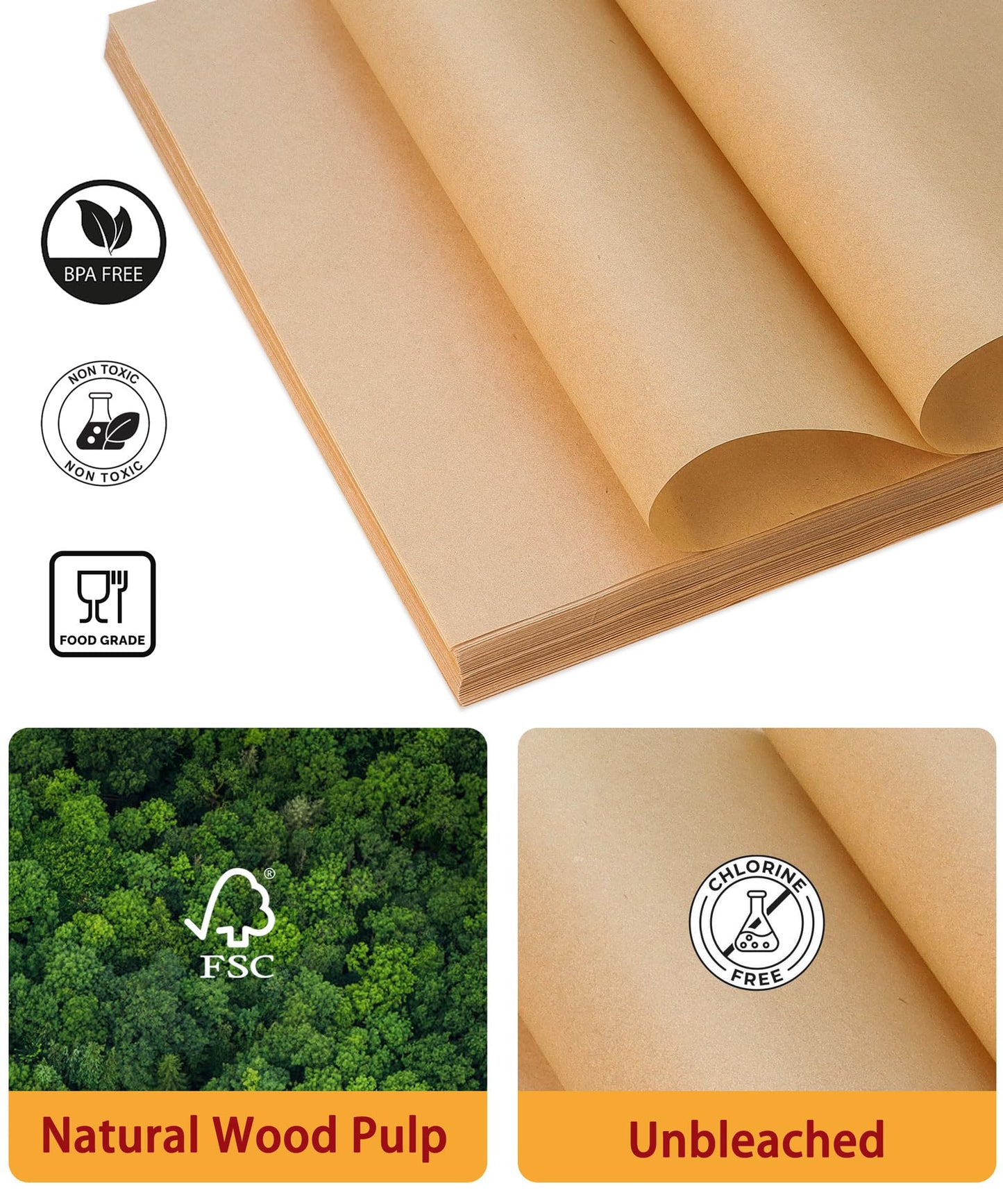 200 Pcs Parchment Paper Baking Sheets, 12x16.5 Inches Non-Stick Precut Baking Parchment, for Baking Cooking Cookie Bread and Air Fryer - Unbleached