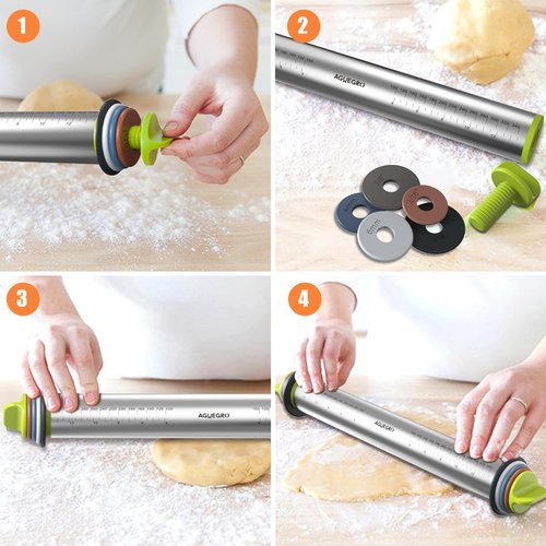 Aguegro Stainless Steel Rolling Pin with Thickness Rings and Wooden Stand Dough Thickness for Baking, Fondant, Pizza, Pie Crust, Cookies, Pastries, 13.6" Rolling Pin with 4 Multi-Color Thickness Rings