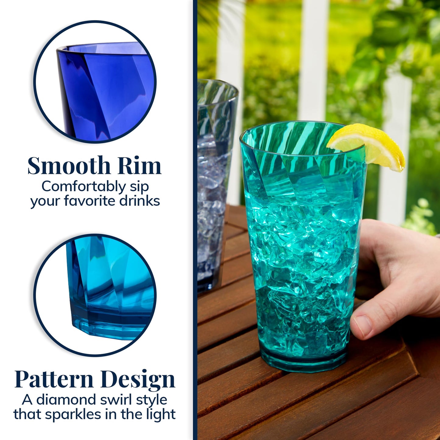 US Acrylic Optix Plastic Reusable Drinking Glasses (Set of 8) 20oz Water Cups in Coastal Colors | BPA-Free Tumblers, Made in USA | Top-Rack Dishwasher Safe
