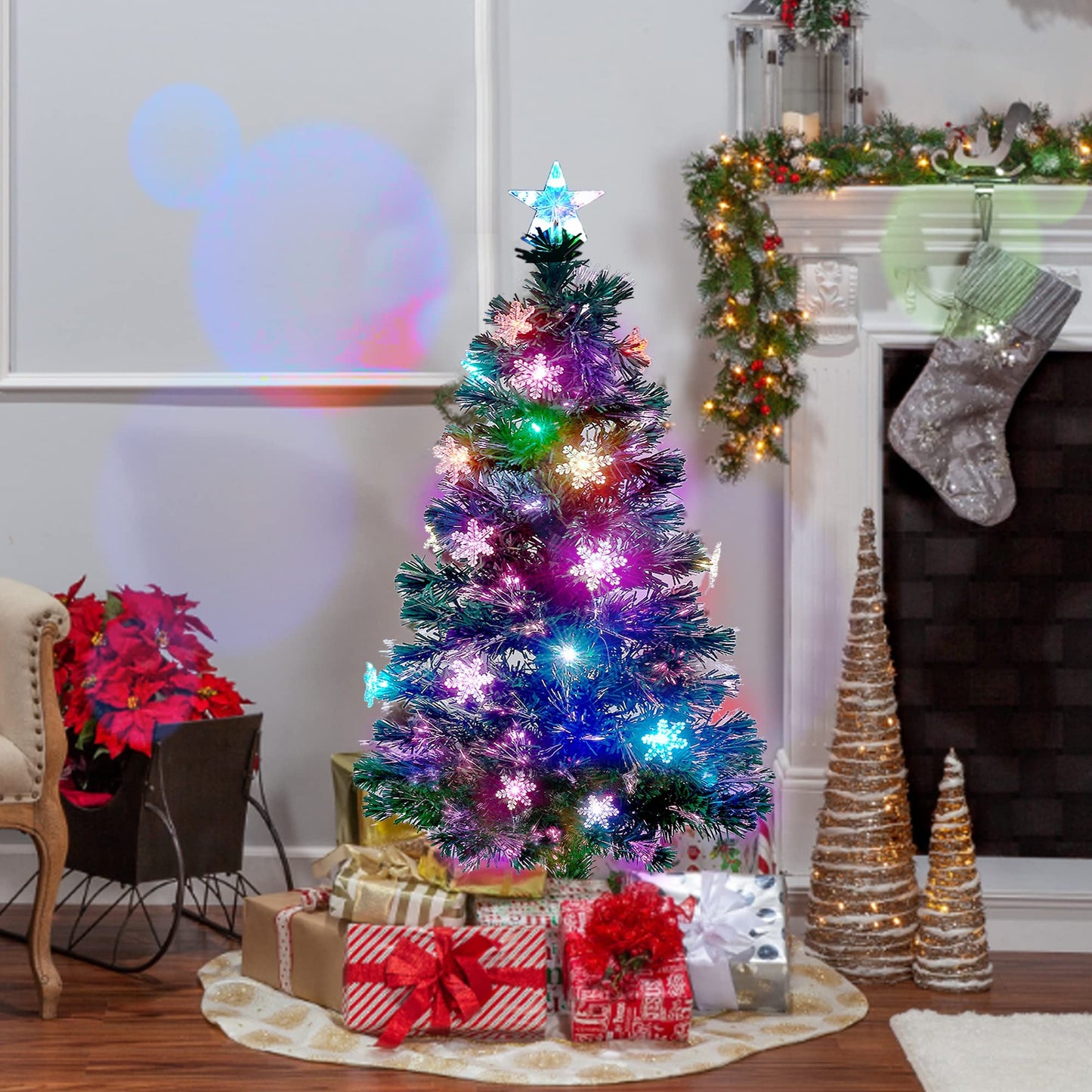 Juegoal 4 ft Pre-Lit Artificial Christmas Tree, Lighted Optical Fiber Xmas Trees with RGB Color Changing LED Lights, Snowflakes & Top Star, Festive Party Holiday Fake Multicolored Tree with Metal Legs