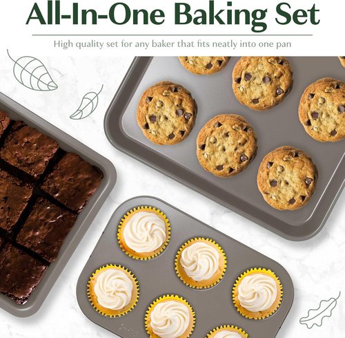 Goodful Nonstick Bakeware Set - 8-Piece Stackable Design with Round, Square Pans & More | Dishwasher Safe, Linen