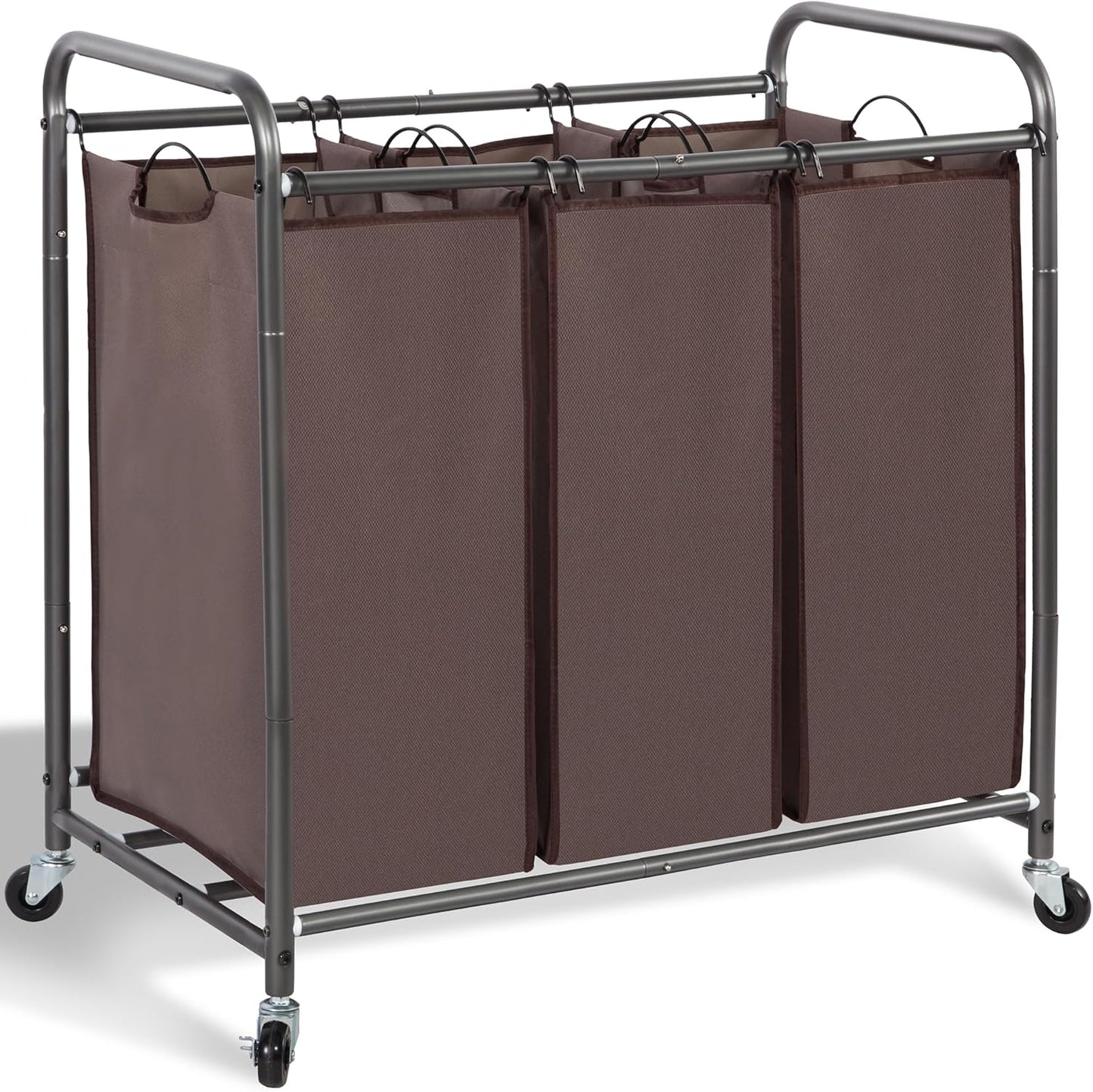 Storage Maniac Laundry Sorter - 3 Section Hamper Cart with Lockable Wheels & Removable Bags | 35.9 Gal, Brown