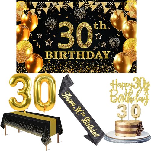 30th Birthday Decorations | Black and Gold Banner, Table Cloth, Balloons, Sash, Cake Topper & Candles