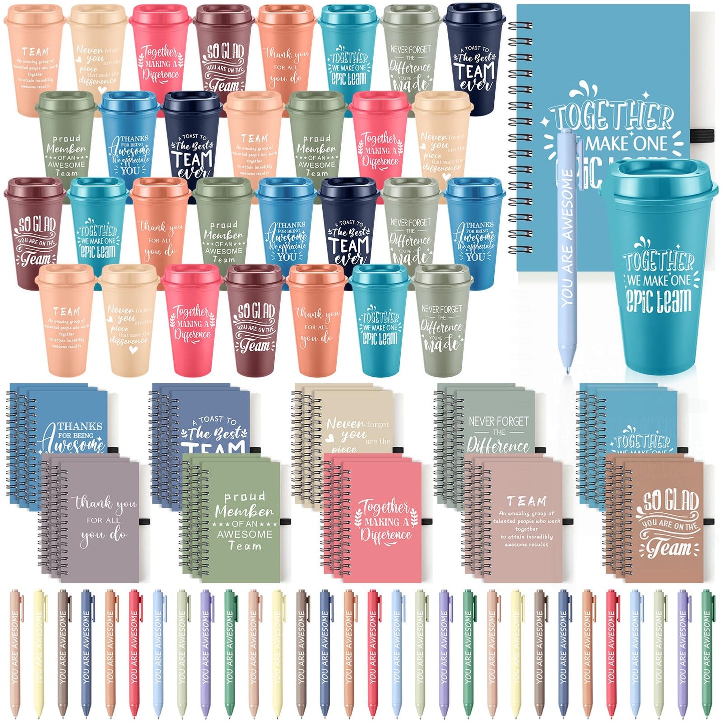 Teenyyou 90 Pcs Employee Appreciation Gift Set, 16oz Tumbler with Lid Notebook Pen Bulk Thank You Gift Holiday Party Favor for Teachers Office Coworker Teacher Staff Team (Bright Color,Elegant Style)