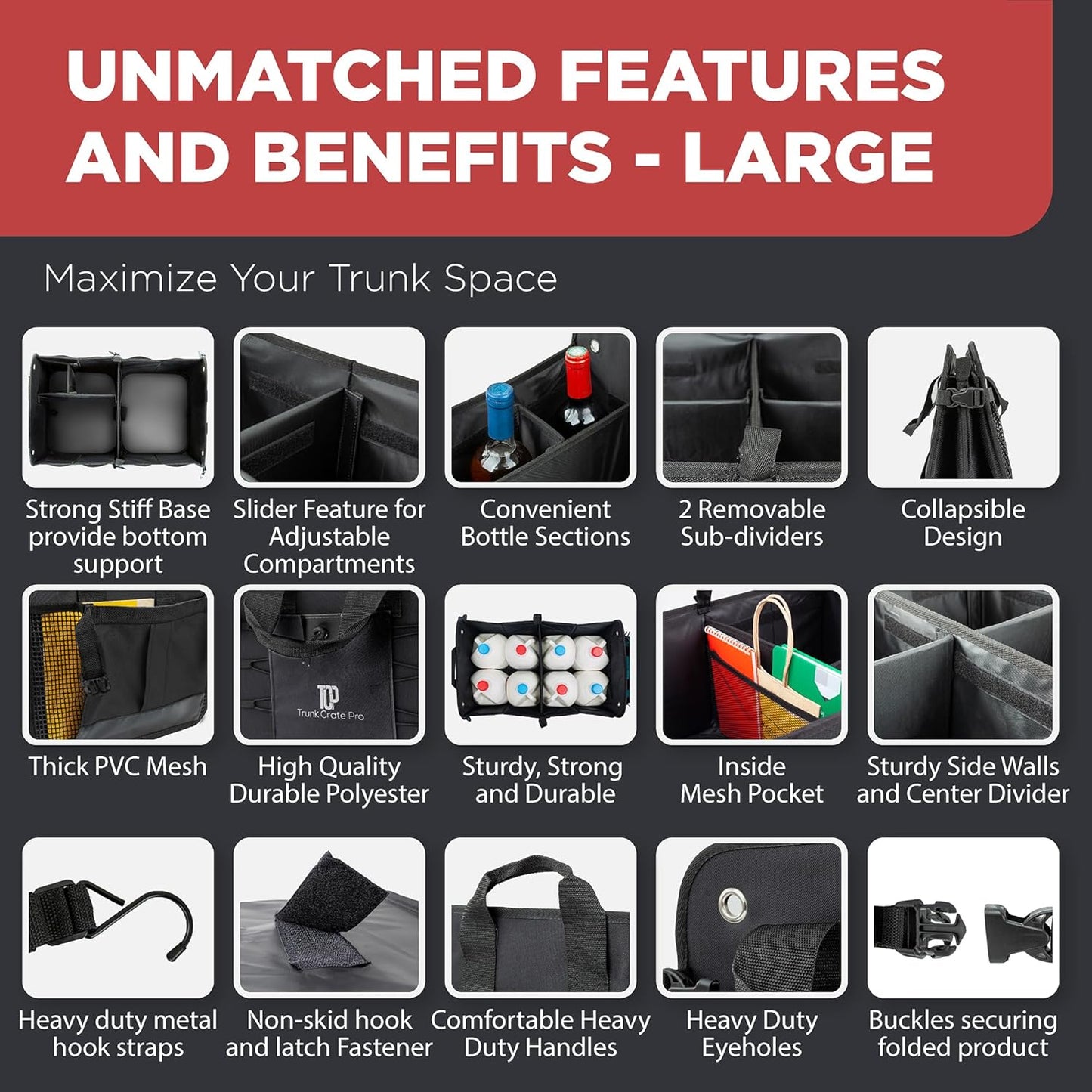 TRUNKCRATEPRO Car Trunk Organizer - Premium Adjustable & Collapsible Design | Large Size, Black with Non-Slip Bottom