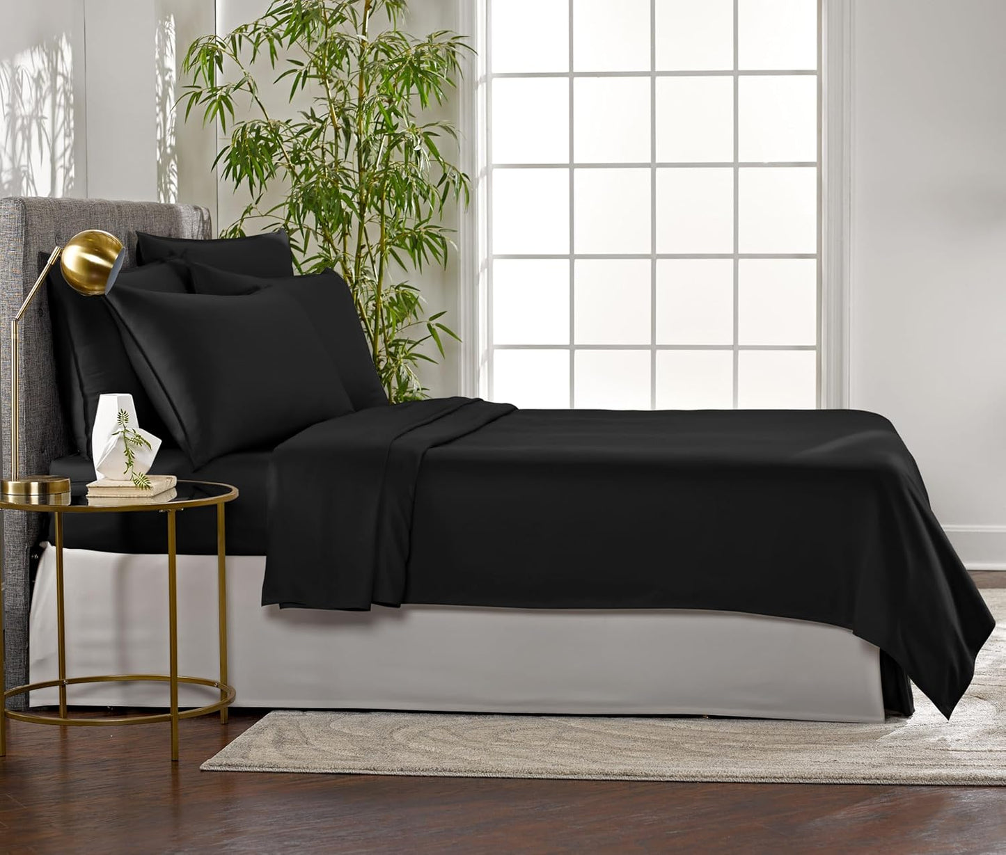 Pure Bamboo Full Bed Sheet Set - 100% Organic Viscose, Luxuriously Soft & Cooling | Black, Double Stitching