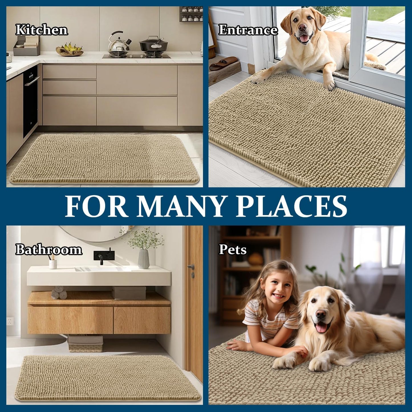 OLANLY Dog Door Mat - Absorbent Non-Slip Washable Doormat for Muddy Paws | 30x20 Beige Quick Dry Chenille