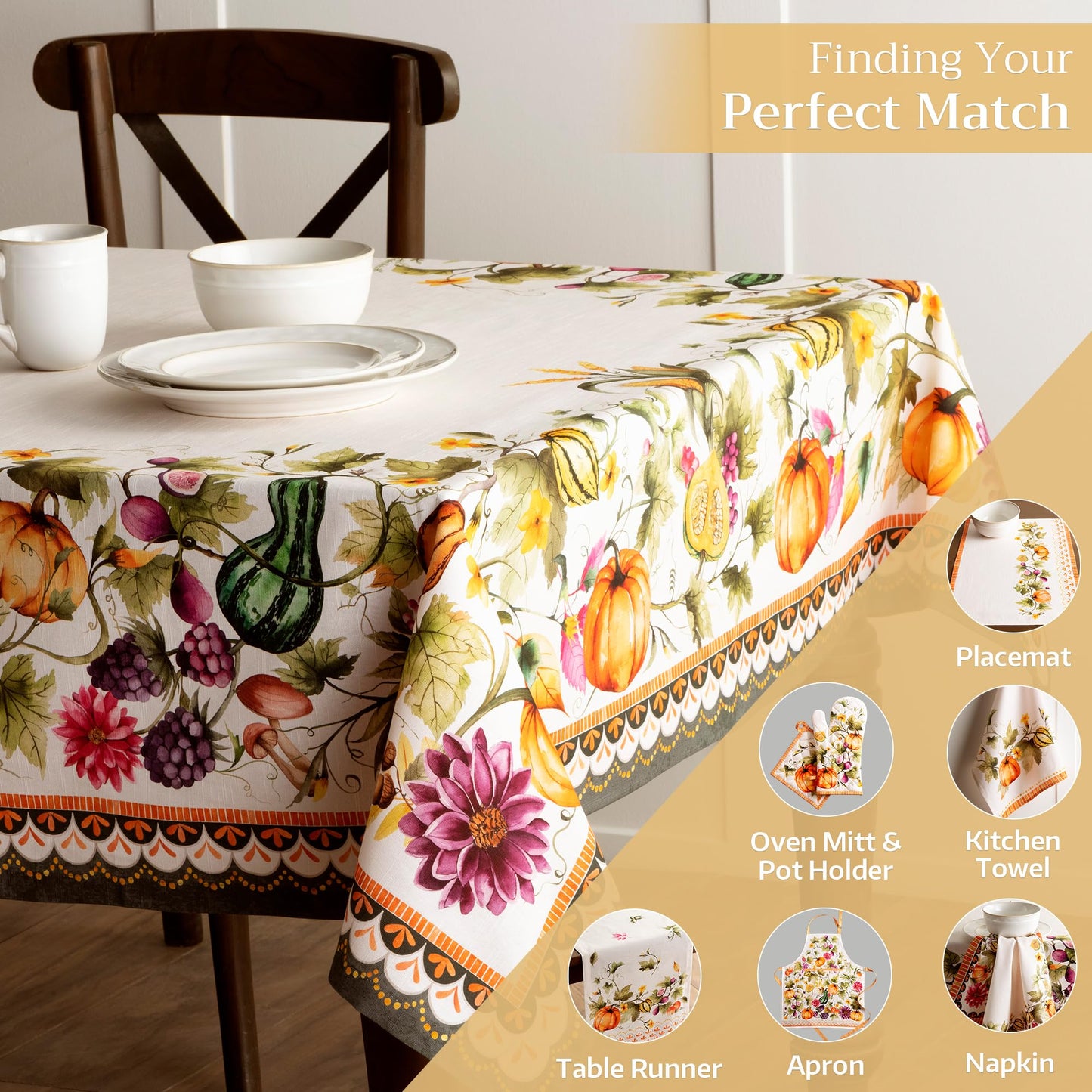 Maison d' Hermine Table Cloth Rectangle Table 100% Cotton 60 x 108 Inches Fall Tablecloth Reusable Everyday Use for Thanksgiving Christmas Decorations Dining Farmhouse (Pumpkin Garden - Cloudy Cream)