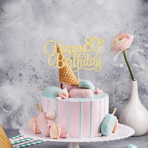 Happy 80th Birthday Cake Topper - Gold Glitter Number 80 for Celebrating Eighty Years | Party Decoration