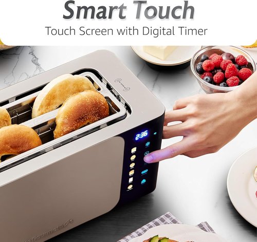 Elite Gourmet SmartToast 4-Slice Digital Toaster - 1.5” Wide Slots for Thick Breads & Bagels, LED Touch Screen, Countdown Timer, Stainless Steel