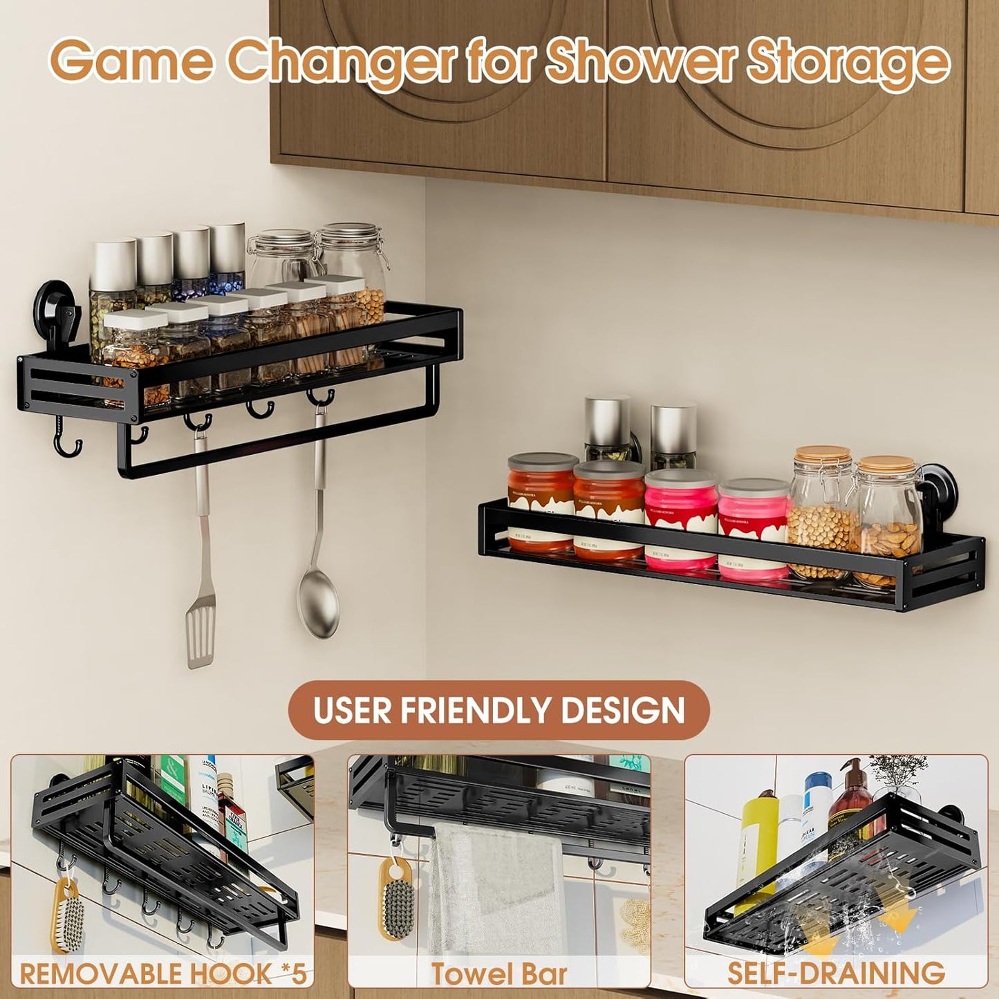 Skiennix Shower Caddy - 15.7 Inch Suction Cup Shelf with Hooks | Rustproof Bathroom Organizer - Black